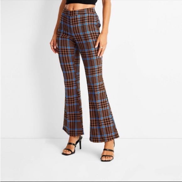 Future Collective Kahlana Barfield Brown Plaid Mid-Rise Flare Pants - Picture 1 of 4